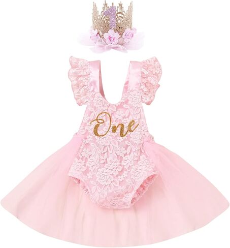 FYMNSI Toddler Baby Girls 1st Birthday Outfit Lace Tulle Romper Tutu Dress Crown Cake Smash Princess Boho Clothes Photo Shoot in Saudi Arabia