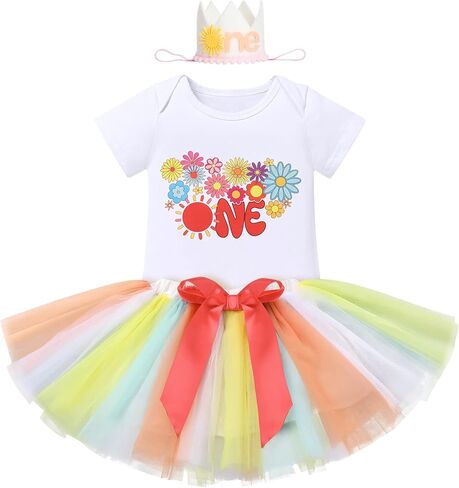 IDOPIP Boho Rainbow Sun 1st Birthday Outfit for Baby Girls Romper Tutu Skirt Headband 3PCS Clothes Set Cake Smash Photo Prop in Kuwait