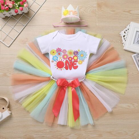 IDOPIP Boho Rainbow Sun 1st Birthday Outfit for Baby Girls Romper Tutu Skirt Headband 3PCS Clothes Set Cake Smash Photo Prop in Kuwait
