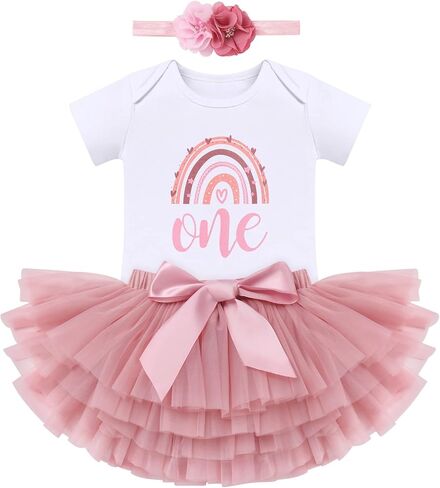 ODASDO Baby Girl Boho Rainbow 1st 2nd Birthday Cake Smash Outfit Romper Tutu Skirt Headband 3pcs Set Photo Props in Saudi Arabia