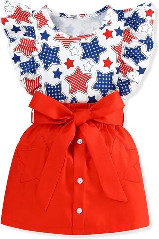 Toddler Baby Girl 4th of July Outfits Star Full Print Flying Sleeve Top Solid Button Skirt Independence Day Clothes Set in Saudi Arabia