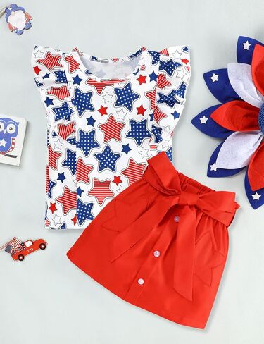 Toddler Baby Girl 4th of July Outfits Star Full Print Flying Sleeve Top Solid Button Skirt Independence Day Clothes Set in Saudi Arabia