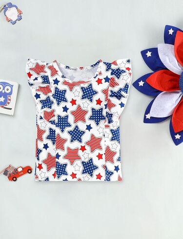Toddler Baby Girl 4th of July Outfits Star Full Print Flying Sleeve Top Solid Button Skirt Independence Day Clothes Set in Saudi Arabia