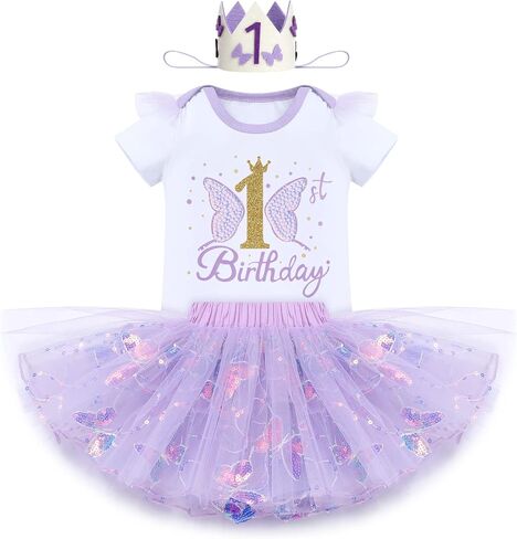 IDOPIP Butterfly 1st Birthday Outfit Baby Girl Sequin Butterfly Romper Tutu Skirt Headband Costume for Cake Smash Photo Shoot in Kuwait