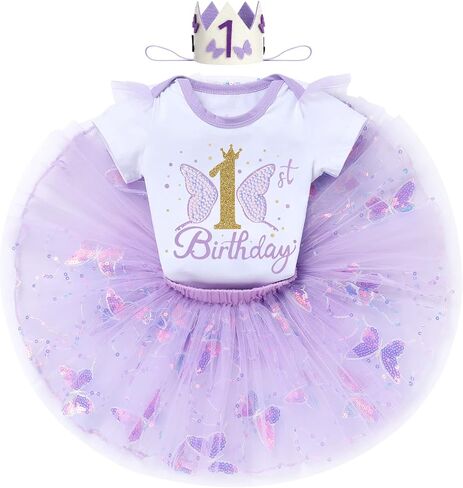 IDOPIP Butterfly 1st Birthday Outfit Baby Girl Sequin Butterfly Romper Tutu Skirt Headband Costume for Cake Smash Photo Shoot in Kuwait