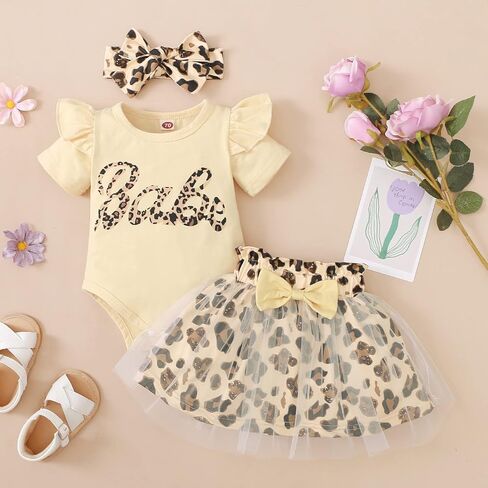 MIEKISA Baby Girls Romper and Leopard Mesh Dress Sets With Headband in Kuwait