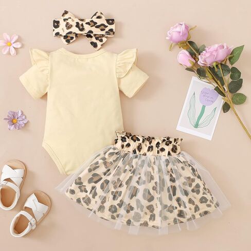 MIEKISA Baby Girls Romper and Leopard Mesh Dress Sets With Headband in Kuwait