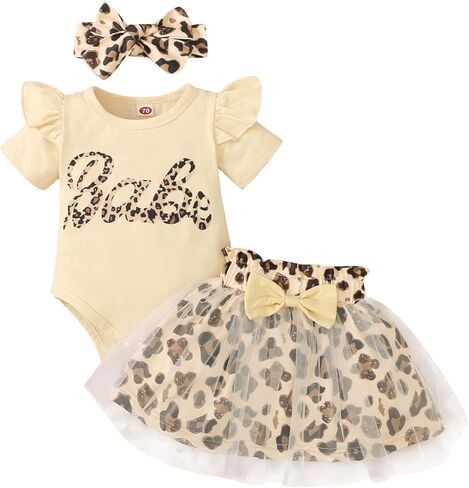MIEKISA Baby Girls Romper and Leopard Mesh Dress Sets With Headband in Kuwait