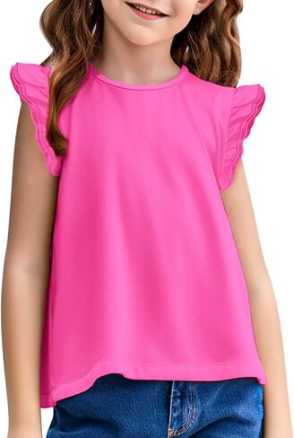 Arshiner Girls Basic Ruffle Sleeve Cute T-Shirt Stretchy Tunic Tank Tops School Blouse in Saudi Arabia