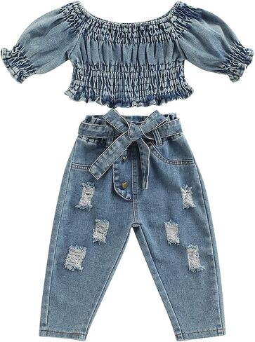 Toddler Baby Girls 2pcs Jeans Outfits, Denim Off-Shoulder Crop Tops+High Waist Ripped Jeans with Pockets 6 Months-6Y in Saudi Arabia
