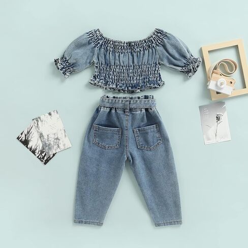 Toddler Baby Girls 2pcs Jeans Outfits, Denim Off-Shoulder Crop Tops+High Waist Ripped Jeans with Pockets 6 Months-6Y in Saudi Arabia