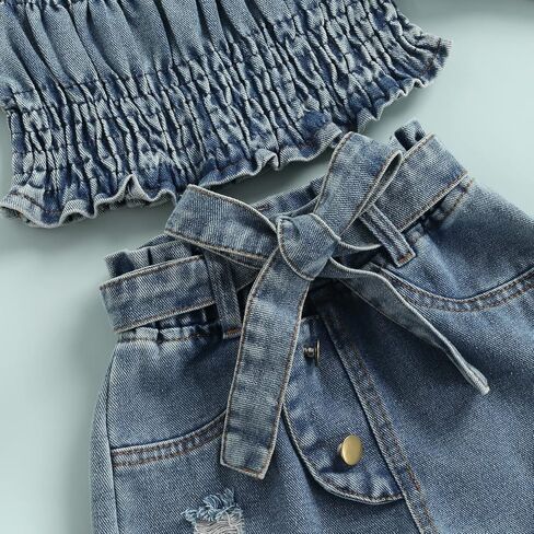 Toddler Baby Girls 2pcs Jeans Outfits, Denim Off-Shoulder Crop Tops+High Waist Ripped Jeans with Pockets 6 Months-6Y in Saudi Arabia