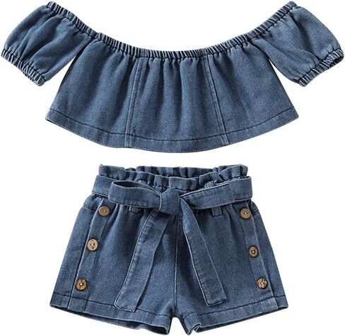 Toddler Baby Girls 2pcs Jeans Outfits, Denim Off-Shoulder Crop Tops+High Waist Ripped Jeans with Pockets 6 Months-6Y in Saudi Arabia