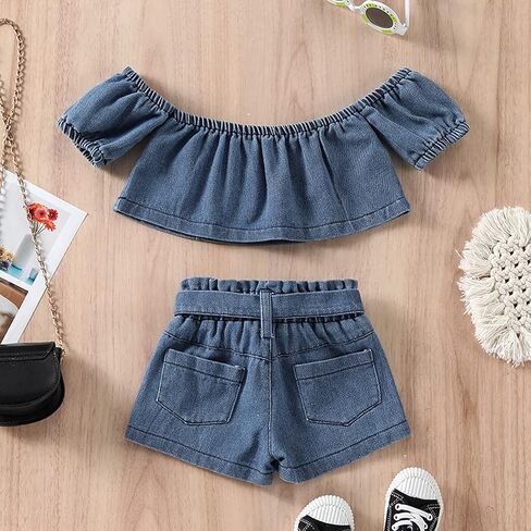 Toddler Baby Girls 2pcs Jeans Outfits, Denim Off-Shoulder Crop Tops+High Waist Ripped Jeans with Pockets 6 Months-6Y in Saudi Arabia