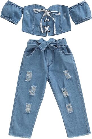 Toddler Baby Girls 2pcs Jeans Outfits, Denim Off-Shoulder Crop Tops+High Waist Ripped Jeans with Pockets 6 Months-6Y in Saudi Arabia