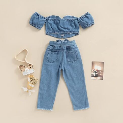 Toddler Baby Girls 2pcs Jeans Outfits, Denim Off-Shoulder Crop Tops+High Waist Ripped Jeans with Pockets 6 Months-6Y in Saudi Arabia