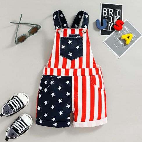 4th of July Unisex Baby Girl Boy Bib Overalls American Flag Romper Strap Jumpsuits Casual Pocket Shorts Patriotic Outfit in Saudi Arabia
