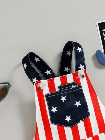 4th of July Unisex Baby Girl Boy Bib Overalls American Flag Romper Strap Jumpsuits Casual Pocket Shorts Patriotic Outfit in Saudi Arabia