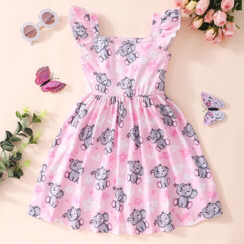 Popshion Girls Dresses Flutter Sleeve Swing Sundress Toddler Summer Clothes Kid Birthday Party Sleeveless Dress 1-8 Years Old in Kuwait
