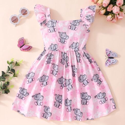 Popshion Girls Dresses Flutter Sleeve Swing Sundress Toddler Summer Clothes Kid Birthday Party Sleeveless Dress 1-8 Years Old in Kuwait