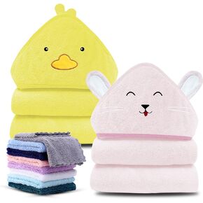 Cute Castle 2 Pack Hooded Baby Towel Rayon Made from Bamboo with 8 Washcloths - Soft Bath Towel for Bathtub for Babie, Newborn, Infant, Natural Baby Stuff Towel (Bear and Chicken)