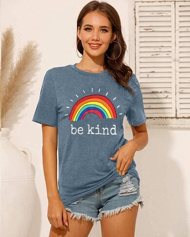 تي شيرت رياضي فضفاض مناسب للسيدات من Be Kind مطبوع عليه حروف جرافيك قوس قزح وأكمام قصيرة تي شيرت Kindness Teacher تي شيرت in Kuwait