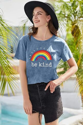 تي شيرت رياضي فضفاض مناسب للسيدات من Be Kind مطبوع عليه حروف جرافيك قوس قزح وأكمام قصيرة تي شيرت Kindness Teacher تي شيرت in Kuwait