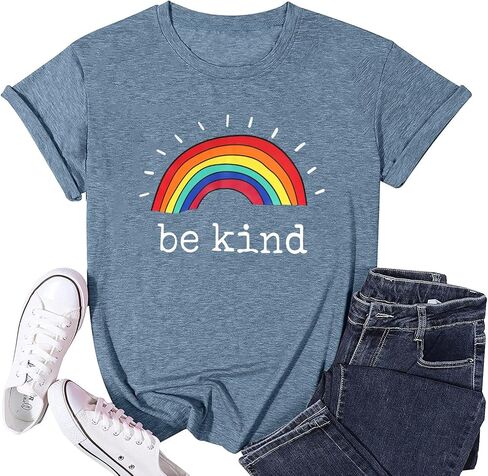 تي شيرت رياضي فضفاض مناسب للسيدات من Be Kind مطبوع عليه حروف جرافيك قوس قزح وأكمام قصيرة تي شيرت Kindness Teacher تي شيرت in Kuwait