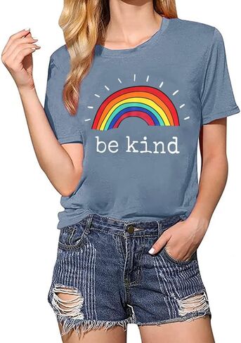 تي شيرت رياضي فضفاض مناسب للسيدات من Be Kind مطبوع عليه حروف جرافيك قوس قزح وأكمام قصيرة تي شيرت Kindness Teacher تي شيرت in Kuwait