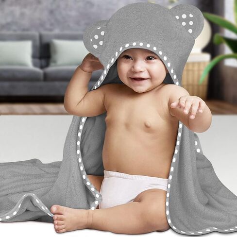 Set of 2 Hooded Baby Towels – White and Grey – Luxurious, Large and Super Absorbent – 30 x 30 Inch – Soft and Suitable for Infants, Toddlers and Kids – 400 GSM in Saudi Arabia