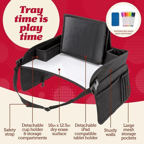 Lusso Gear Kids Lap Desk Tray (Value 2 Pack) - Mesh Pockets & Cup Holder for Car Travel Essentials - Car Seat Tray for Kids Travel & Tablet Holder - Dry-Erase Surface for Road Trip Activities - Black in Kuwait