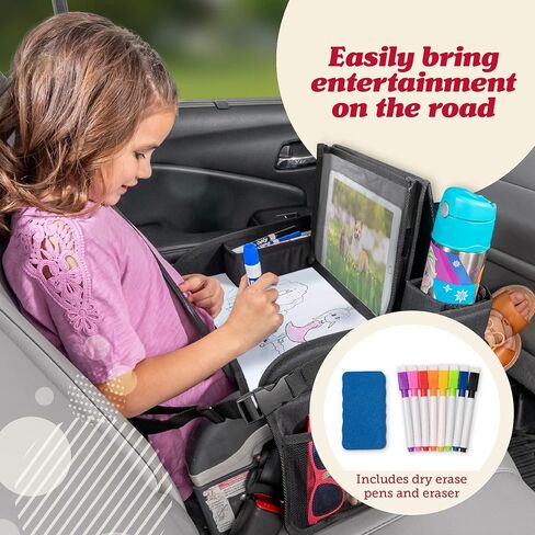Lusso Gear Kids Lap Desk Tray (Value 2 Pack) - Mesh Pockets & Cup Holder for Car Travel Essentials - Car Seat Tray for Kids Travel & Tablet Holder - Dry-Erase Surface for Road Trip Activities - Black in Kuwait