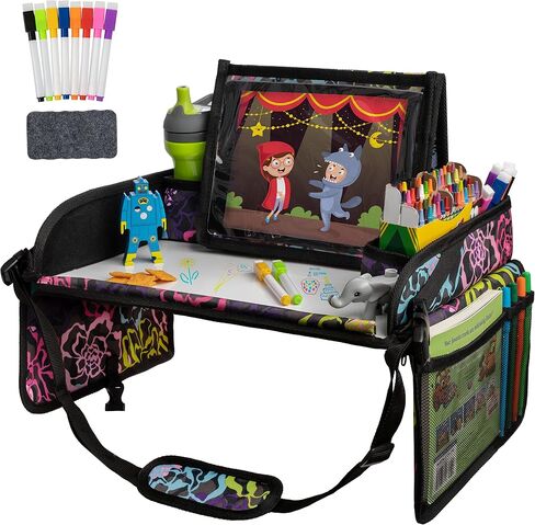 Lusso Gear Kids Lap Desk Tray (Value 2 Pack) - Mesh Pockets & Cup Holder for Car Travel Essentials - Car Seat Tray for Kids Travel & Tablet Holder - Dry-Erase Surface for Road Trip Activities - Black in Kuwait