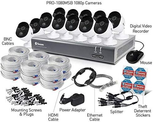Swann Home Security Camera System, 16 Channel 12 Bullet Cameras, 1080p HD, Indoor/Outdoor Wired Surveillance DVR, 1TB Hard Drive, Night Vision, Heat Motion Detection, SWDVK-1645812V in Saudi Arabia