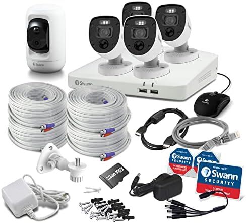 Swann Enforcer 4K نظام كاميرا أمان داخلي/خارجي، 4 كاميرات رصاصة و1 كاميرا Pan Tilt PT Cam 8 قنوات DVR 2 تيرابايت HDD مراقبة سلكية CCTV، أضواء مستشعر الحركة، رؤية ليلية، صفارة إنذار، DVK-85680W4RLPT in Kuwait