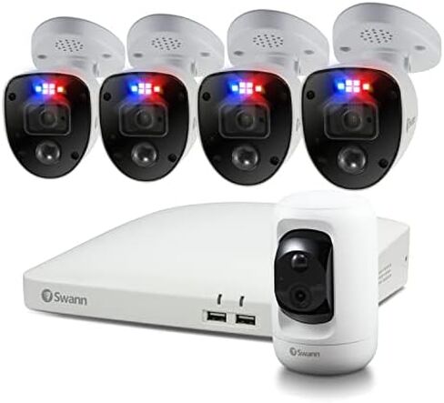 Swann Enforcer 4K نظام كاميرا أمان داخلي/خارجي، 4 كاميرات رصاصة و1 كاميرا Pan Tilt PT Cam 8 قنوات DVR 2 تيرابايت HDD مراقبة سلكية CCTV، أضواء مستشعر الحركة، رؤية ليلية، صفارة إنذار، DVK-85680W4RLPT in Kuwait