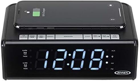 Jensen QiCR-200 راديو منبه مزدوج مع شحن Qi، أبيض، 9.40 بوصة. × 5.00 بوصة. × 3.00 بوصة. in Kuwait