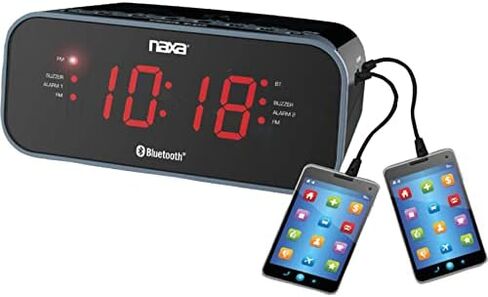 منبه NAXA Electronics NRC-182 ثنائي الراديو، 2 منافذ USB، صوت متدفق بدون أسلاك من خلال بلوتوث، توصيل الهواتف الذكية، تابلت، أجهزة صوتية أخرى، أسود in Kuwait