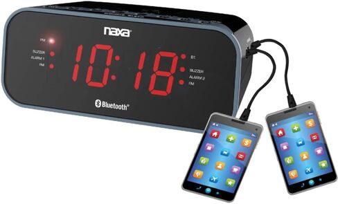 منبه NAXA Electronics NRC-182 ثنائي الراديو، 2 منافذ USB، صوت متدفق بدون أسلاك من خلال بلوتوث، توصيل الهواتف الذكية، تابلت، أجهزة صوتية أخرى، أسود in Kuwait