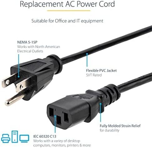 StarTech.com 3ft (1m) Computer Power Cord, NEMA 5-15P to C13, 10A 125V, 18AWG, Black Replacement AC Power Cord, Printer Power Cord, PC Power Supply Cable, Monitor Power Cable - UL Listed (PXT101_3) in Saudi Arabia