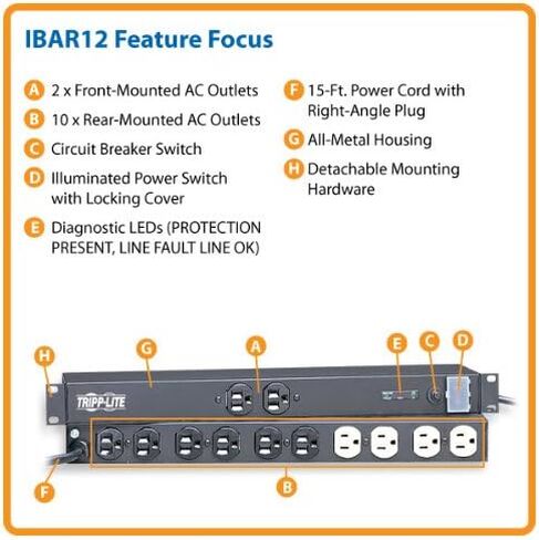 Tripp Lite Isobar Surge Protector Rackmount 12 Outlet 15' Cord Metal 1URM Model IBAR12 in Saudi Arabia