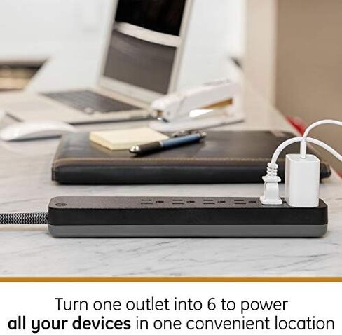 GE UltraPro 6-Outlet Surge Protector, 6 Ft Designer Braided Extension Cord, 560 Joules, Flat Plug, Wall Mount, UL Listed, Black, 45271 in Kuwait
