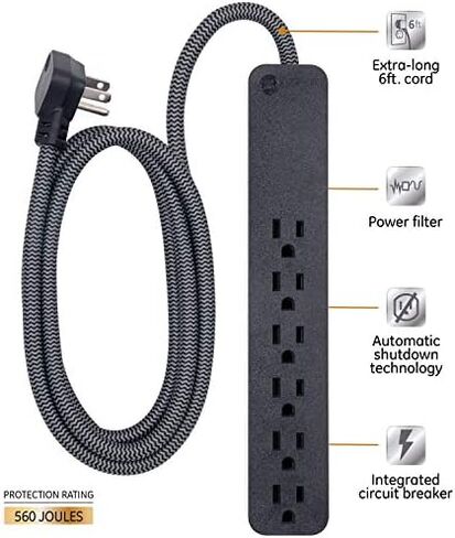 GE UltraPro 6-Outlet Surge Protector, 6 Ft Designer Braided Extension Cord, 560 Joules, Flat Plug, Wall Mount, UL Listed, Black, 45271 in Kuwait