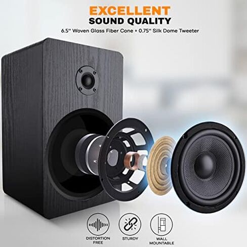 Home Theater Wooden Bookshelf Speakers - Wall-Mountable with 0.75'' Silk Dome Tweeter and Aluminum Voice Coils, Pair, Neat Black Color, Gold Plated 5 Way Binding Post - PSMSP6 in Kuwait