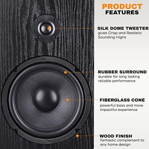 Home Theater Wooden Bookshelf Speakers - Wall-Mountable with 0.75'' Silk Dome Tweeter and Aluminum Voice Coils, Pair, Neat Black Color, Gold Plated 5 Way Binding Post - PSMSP6 in Kuwait