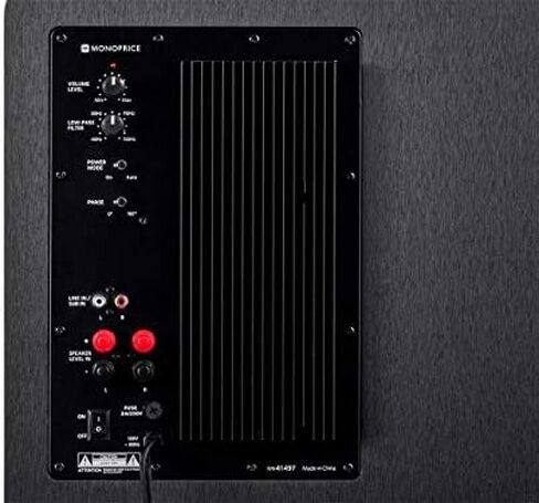 Monoprice SW-10 150 Watt RMS (300 Watt Peak) مضخم صوت يعمل بالطاقة 10 بوصة، تصميم مستورد، تحكم متغير في الطور، مرشح تمرير منخفض متغير، للمسرح المنزلي in Saudi Arabia