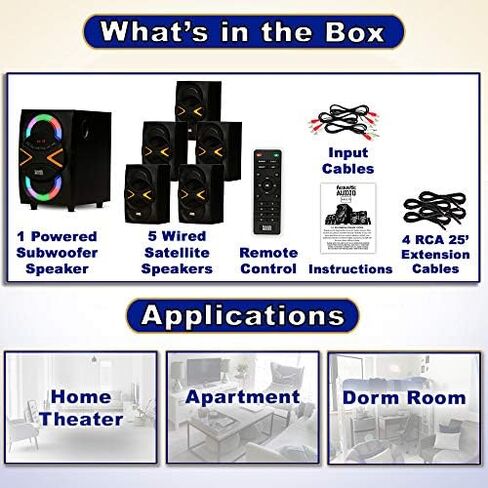 Acoustic Audio AA5210 Home Theater 5.1 Speaker System with Bluetooth, LED Lights, FM and 4 Extension Cables in Saudi Arabia