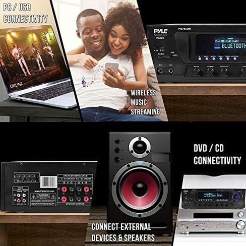 Wireless Bluetooth Audio Power Amplifier - 300W 4 Channel Home Theater Stereo Receiver with USB, AM FM, 2 Mic IN with Echo, RCA, LED, Speaker Selector - For Studio, Home Use - Pyle PT272AUBT in Kuwait
