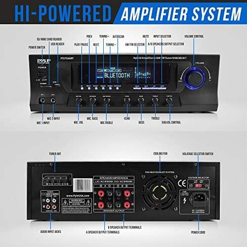 Wireless Bluetooth Audio Power Amplifier - 300W 4 Channel Home Theater Stereo Receiver with USB, AM FM, 2 Mic IN with Echo, RCA, LED, Speaker Selector - For Studio, Home Use - Pyle PT272AUBT in Kuwait