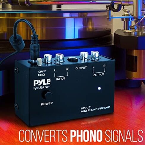 PYLE-PRO PyleUsa Phono Turntable Preamp Mini Electronic Audio Stereo Phonograph Preamplifier، مخرج RCA وتشغيل منخفض الضوضاء مدعوم بمحول تيار مستمر 12 فولت (PP777) in Kuwait